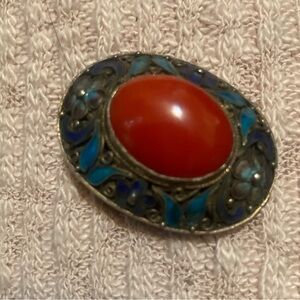 Antique Chinese Silver Filigree Brooch Red Coral Cabochon & Blue Enamel